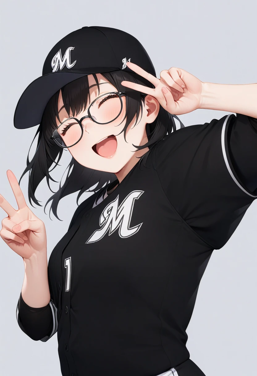 masterpiece, best quality, very aesthetic, absurdres,
1girl, solo, glasses, black hair, medium hair, happy, smile, v, closed eyes, open mouth, 
chibalotteV, baseball uniform, black shirt, baseball cap, black cap, grey background, simple background, upper body,
 <lora:ChibaLotteMarinesUniformV_SDXL_V1:1>