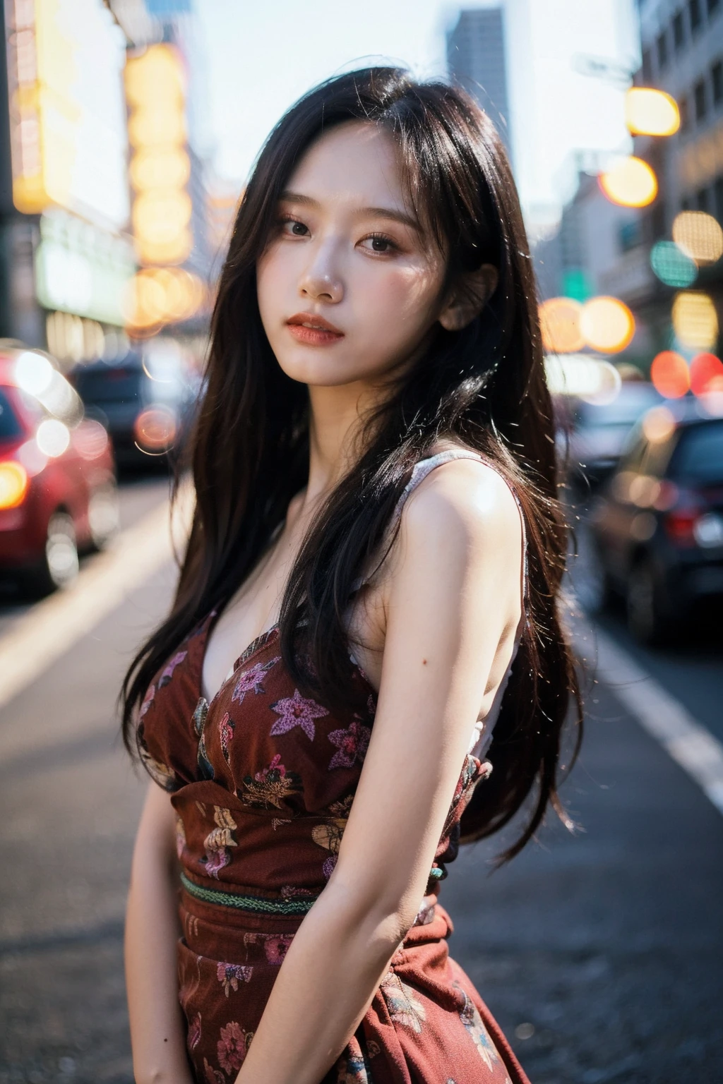 Best quality, masterpiece, ultra high res, (photorealistic), raw photo,1girl, skinny, upper body,solo, realistic, looking at viewer, long hair, bokeh background, city streets,brown eyes, bohemian dress, <lora:makina69_seori_v1.0:1>
