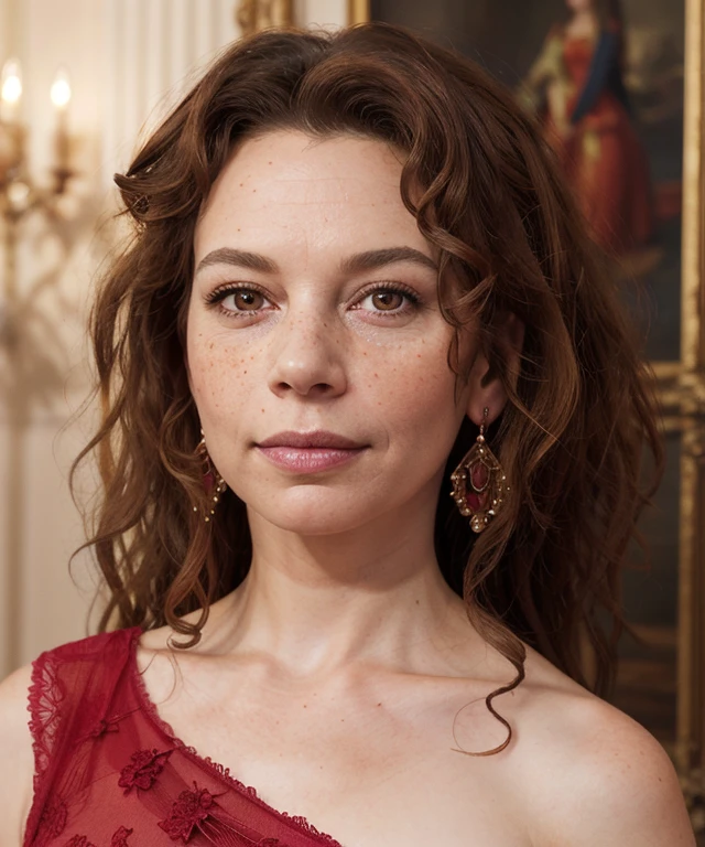 masterpiece, ultra detailed, donna_langley, queen, red dress, regal, portrait, close-up, woman, jewelry, earrings, 1girl, (looking at viewer:1.3), beautiful face, long straight hair, straight hair, long hair, (perfect eyes:1.2), brown eyes, pouty pink lips, perfect textured skin, freckles, high resolution, best quality, indoors, castle, ornate, soft lighting, shadows, ambient occlusion <lora:donna_langley:0.3>