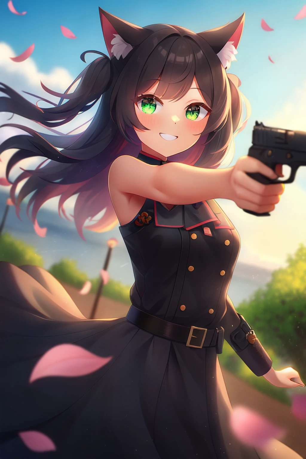 1girl, solo, cat ears, two side up, bare shoulders, smile, looking at viewer, newest, extremely aesthetic, best quality, wind, petals, outdoors, pointing gun, depth of field, handgun,