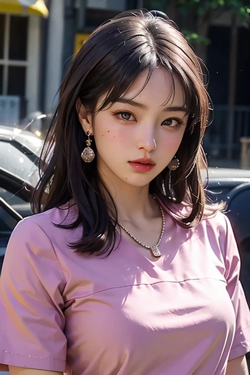 (masterpiece, best quality:1.4), 8k, highres, shiny skin,beautiful photo, 1girl, solo, shirt, black hair, brown eyes, jewelry, upper body, earrings, necklace, black eyes, lips, pink shirt, realistic, kooo123, <lora:hirosesan_anime_v1:0.8>