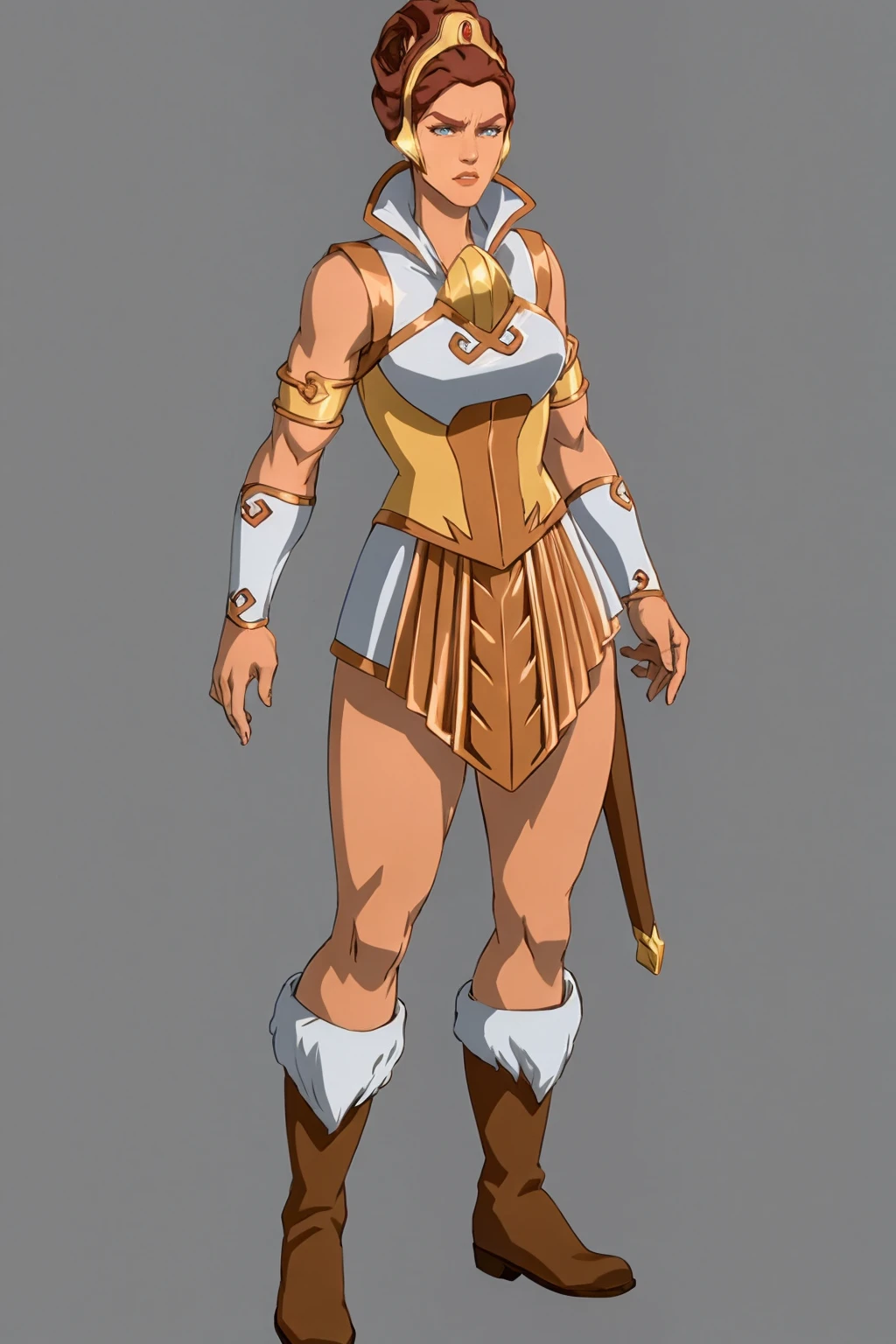 masterpiece, best quality,
1girl, teela, brown hair, blue eyes, armlet, boots, breastplate, dark skin, vambraces, armor,
full body, standing, solo, looking at viewer, simple background <lora:Teela:1>