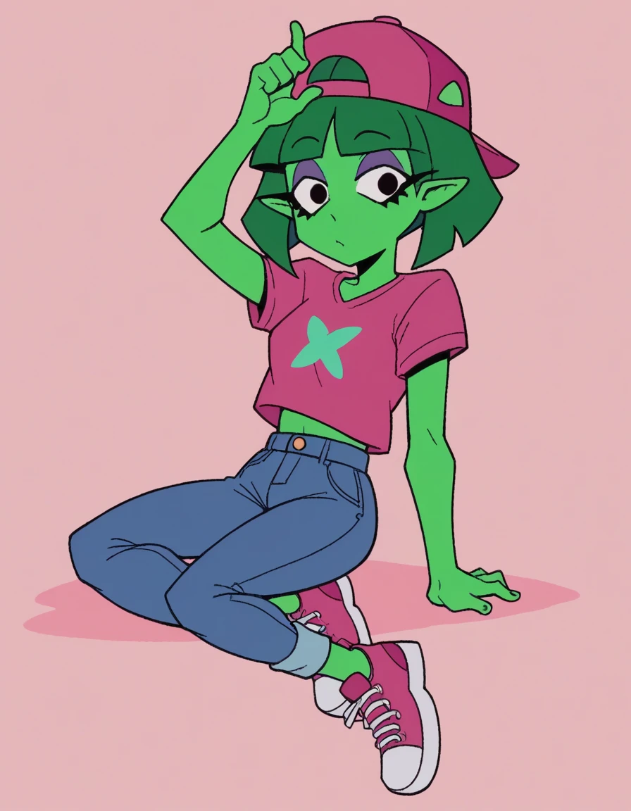 zPDXL, score_9, score_8_up, score_7_up, source_anime, BREAK
1girl, solo, <lora:HandsUp!-20:1>, margo, green skin, green hair, purple eyeshadow, black eyes, bob cut, pointy ears , wearing 90s fashion: pastel tight-fitting crop tee shirt, high-waisted bootcut flare wide leg jeans, pastel trucker hat, white platform sneakers, arm_up,
