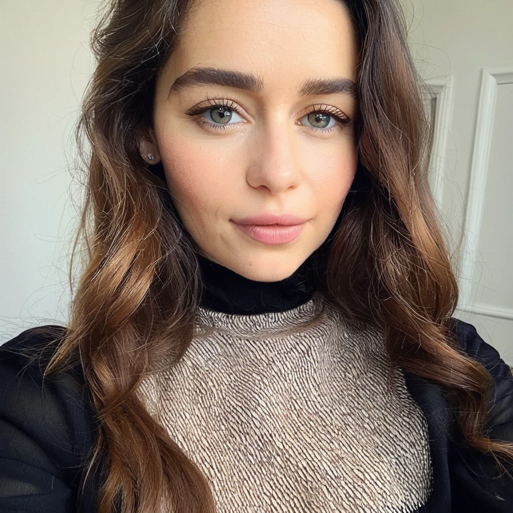 Looking straight at the camera, skin texture, Instagram closeup selfie of a woman with beautiful wavy hair,f/1.8,wearing a tutleneck shirt,  emxclrke, <lora:emclarke_juggerX_xl_2_st_wocap-emxclrke-000025:1>