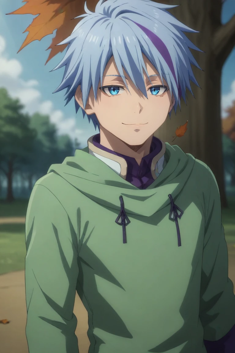 score_9, score_8_up, score_7_up, source_anime, rating_safe, intricate details, semi-realistic, looking at viewer, depth of field, 1boy, solo, male focus, <lora:dino_tensura_pony:0.76>, dino_tensura, blue hair, blue eyes, short hair, multicolored hair, purple hair, wide angle, wide shot, full body, trees, autumn, leaves, noon, (dynamic pose), smile, , <lora:sdxl_lightning_8step_lora:1>