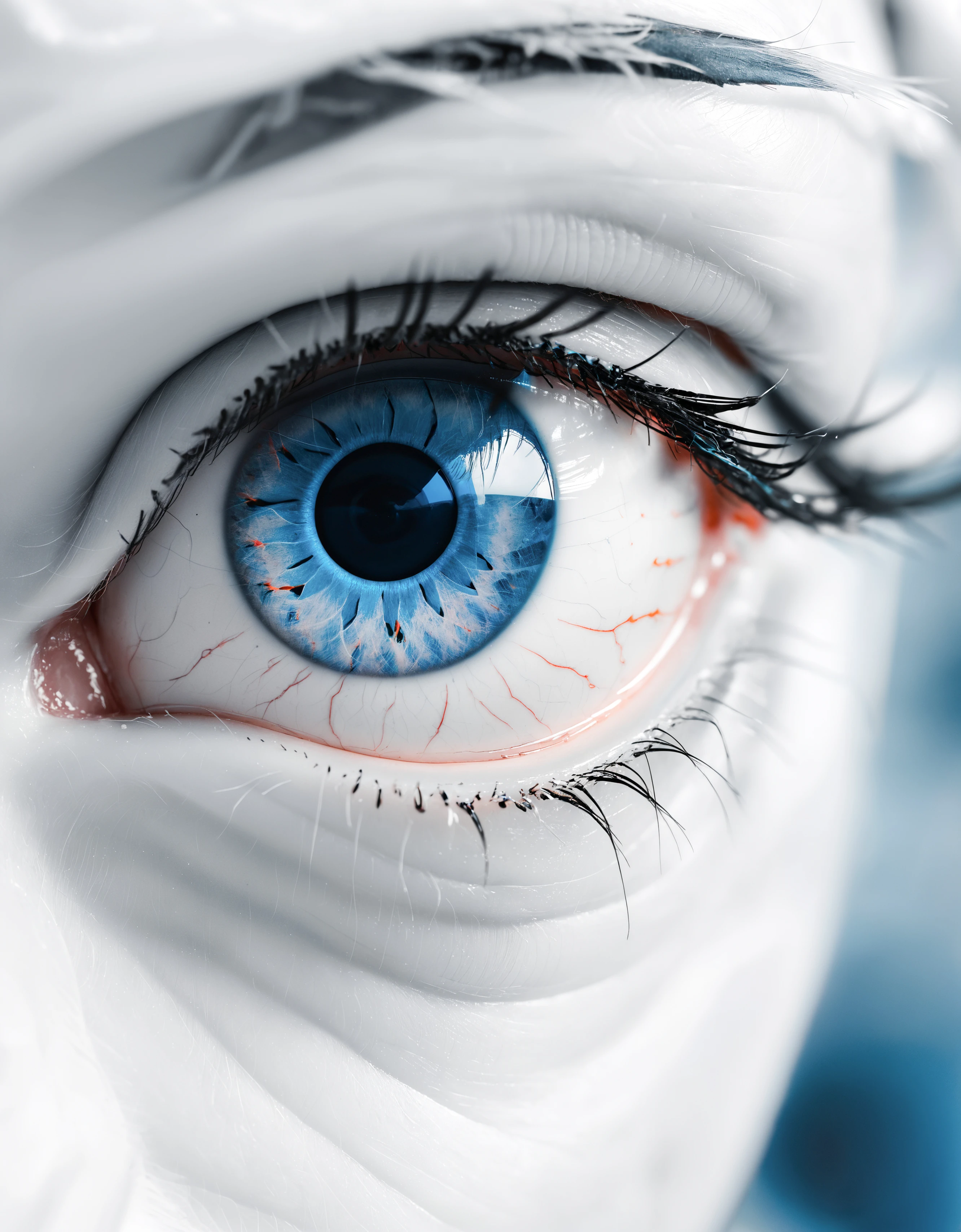 zavy-nfrrd, infrared, white, light-blue highlights, macro shot of a glowing eye, 100mm f/2.8 macro lens,