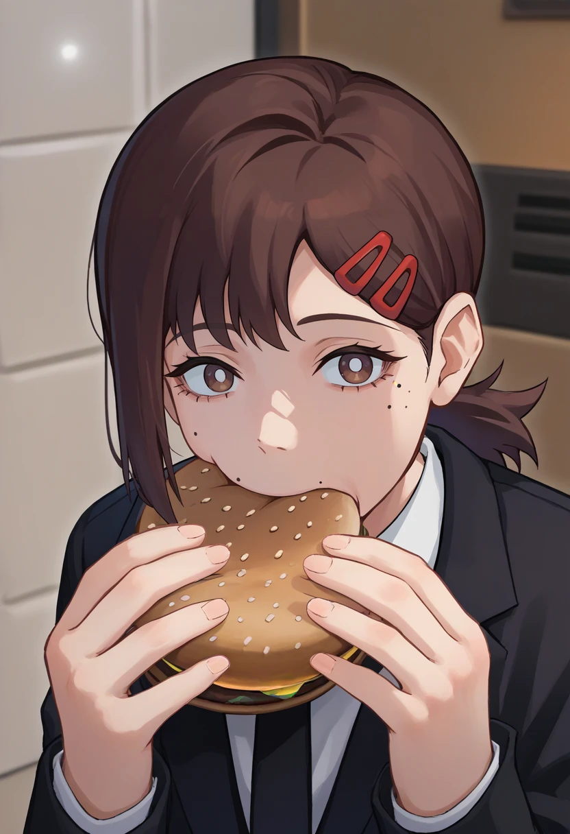 score_9, score_8_up, score_7_up, source_anime, solo, 1girl, kobenidef, mole under eye, mole under mouth, jermaWhopper, eating, burger, looking at you, upper body, single sidelock, short ponytail, hairclip, brown hair, brown eyes, black jacket, suit jacket, white shirt, collared shirt, black necktie, long sleeves, black pants, indoors <lora:csm_higashiyamakobeni_ponyXL:1> <lora:jermawhopper-pdxl-nvwls-v1:1>