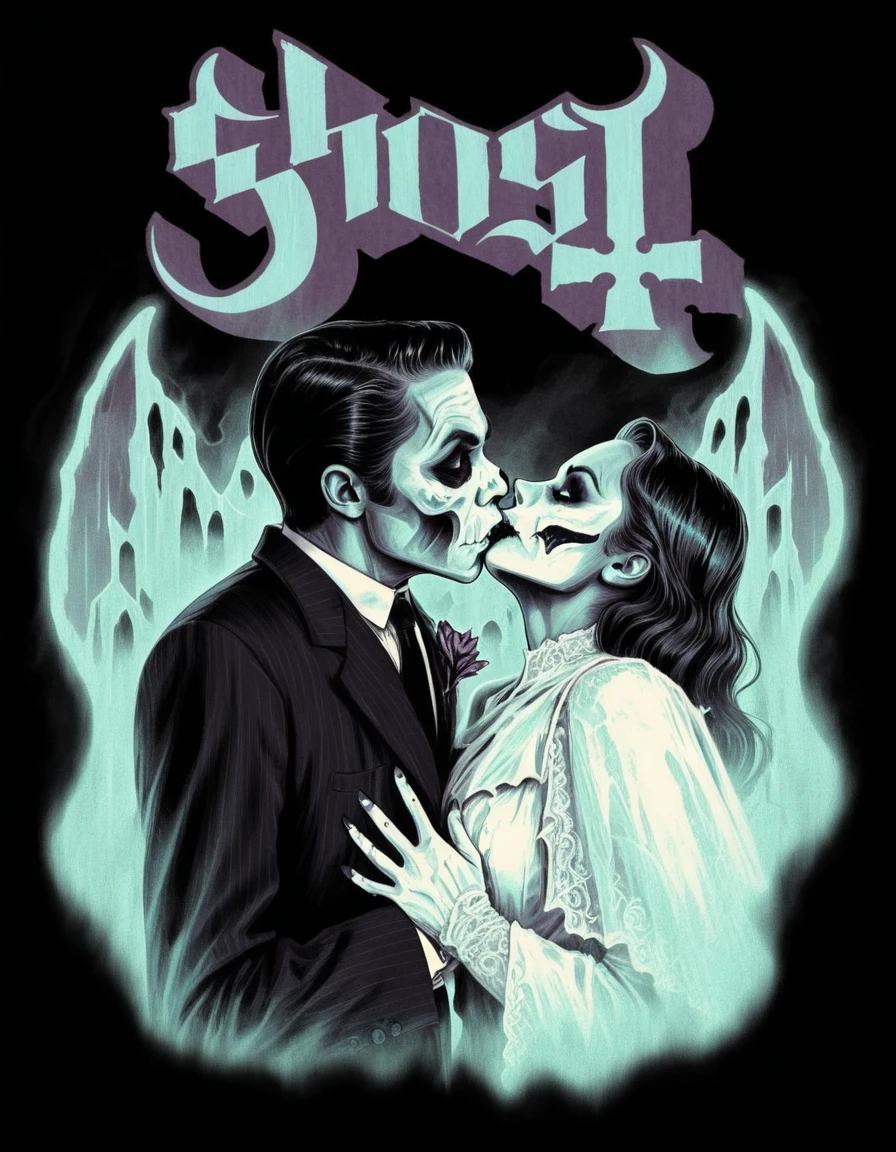 hud_ghst, 1boy, suit, makeup, kissing 1girl, [ghost], retro artstyle, <lora:ghost_band_t_shirts-000006:0.8>