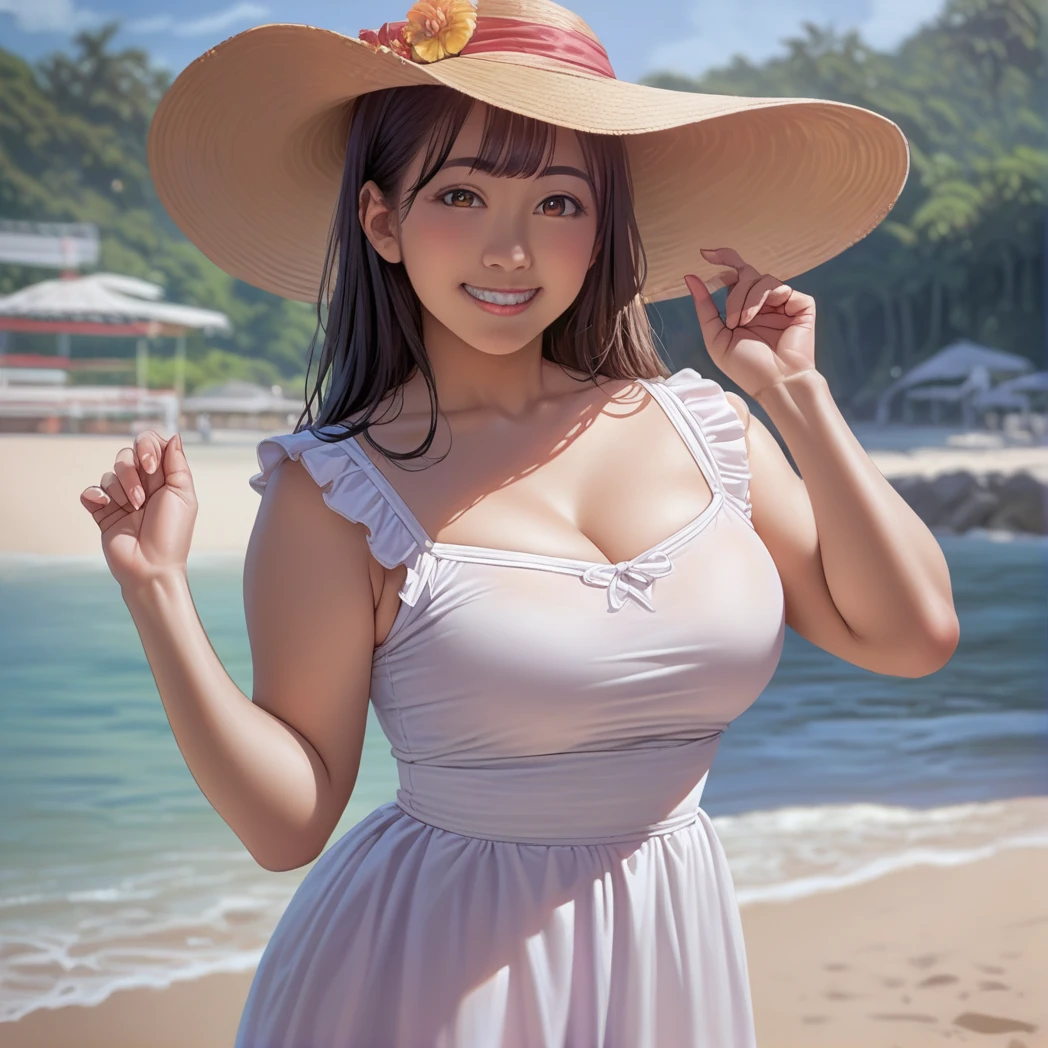 score_9, score_8_up, score_7_up, score_6_up, score_5_up, score_4_up, (Source anime),  (rating safe), Hana himesaki, 1girl, solo, anime style, brown eyes, smile, looking at viewer, at beach, posing, asian, long hair, black hair, large breasts, wide hips,  <lora:Hana_Himesaki_PonyXL:0.6>,  wearing sundress, 2d art, <lora:shexyo style xl:1>