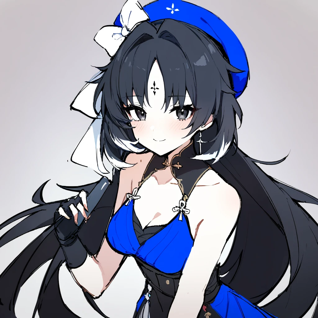 1girl,
yangyang \(wuthering waves\),
solo, sidelocks, black gloves, bow, parted bangs, gloves, blue dress, hat, white background, black eyes, white bow, fingerless gloves, collarbone, hair bow, sketch, smile, long hair, choker, hand up, blush, holding, forehead, bare shoulders, blue hat, dress, looking at viewer, simple background, upper body, closed mouth, black hair, very long hair,
masterpiece, best quality, safe
<lora:mki-ani3-yangyang-v3:1>