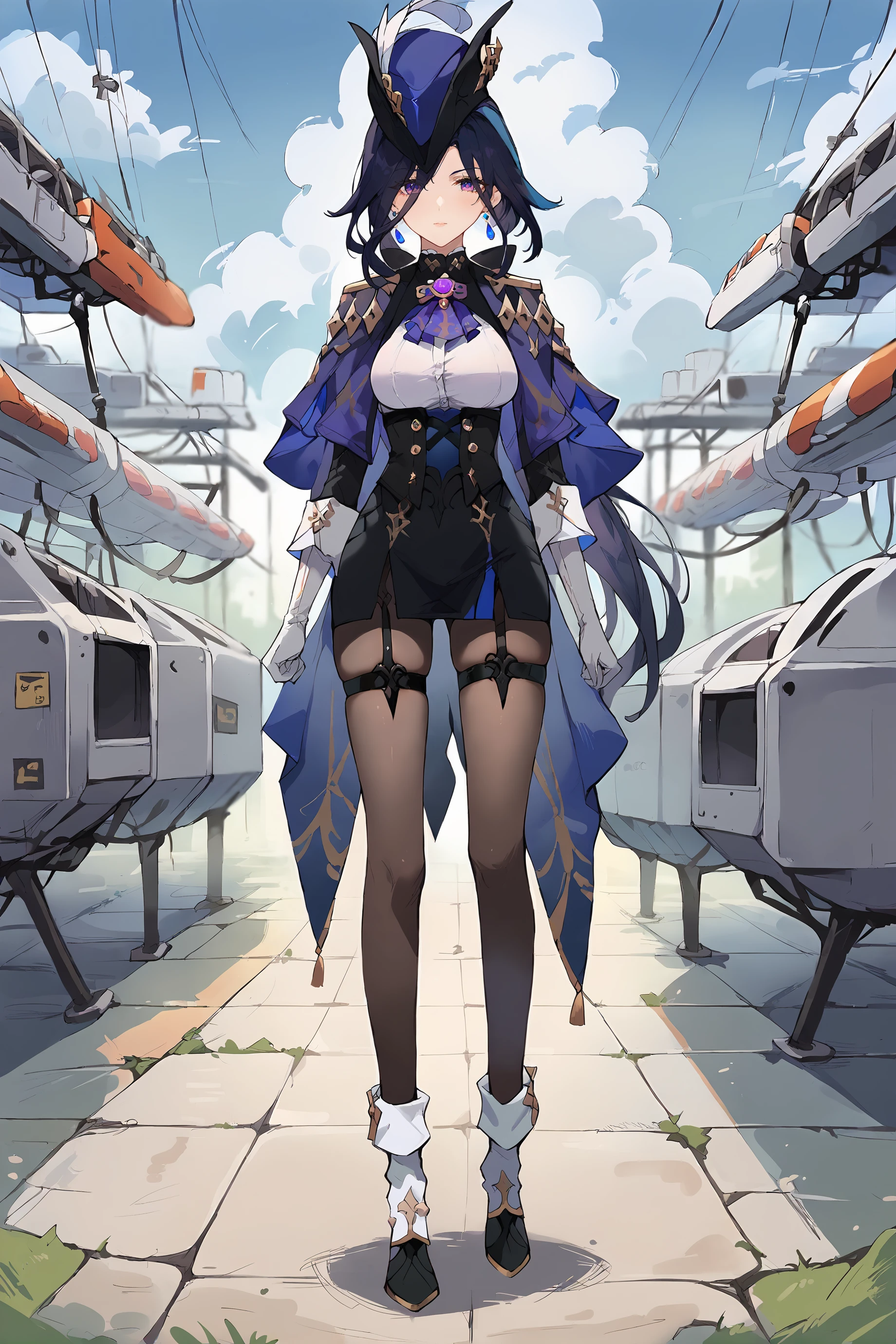score_9, score_8_up, score_7_up, source anime, 1girl, clorinde \(genshin impact\), tricorne, black pantyhose, earrings, blue cape, white gloves, pencil skirt, white shirt, thigh strap, underbust, ascot, fold-over boots, black jacket, factory, outdoors, depth of field, full body, looking at viewer, walking <lora:Char-Genshin-Clorinde-Pony-V1:0.9> <lora:mikozin__Blue_archive_style:0.7>