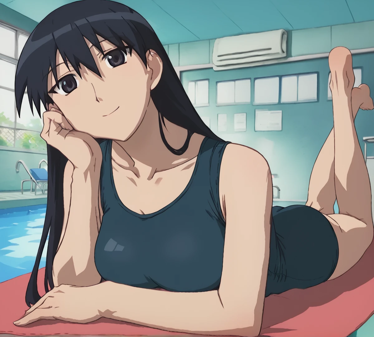 Sakaki, zPDXL, best quality, amazing quality, score 9, indoors, school swimsuit, pool, looking at viewer, smile, full body, on belly, <lora:Sakaki:1>