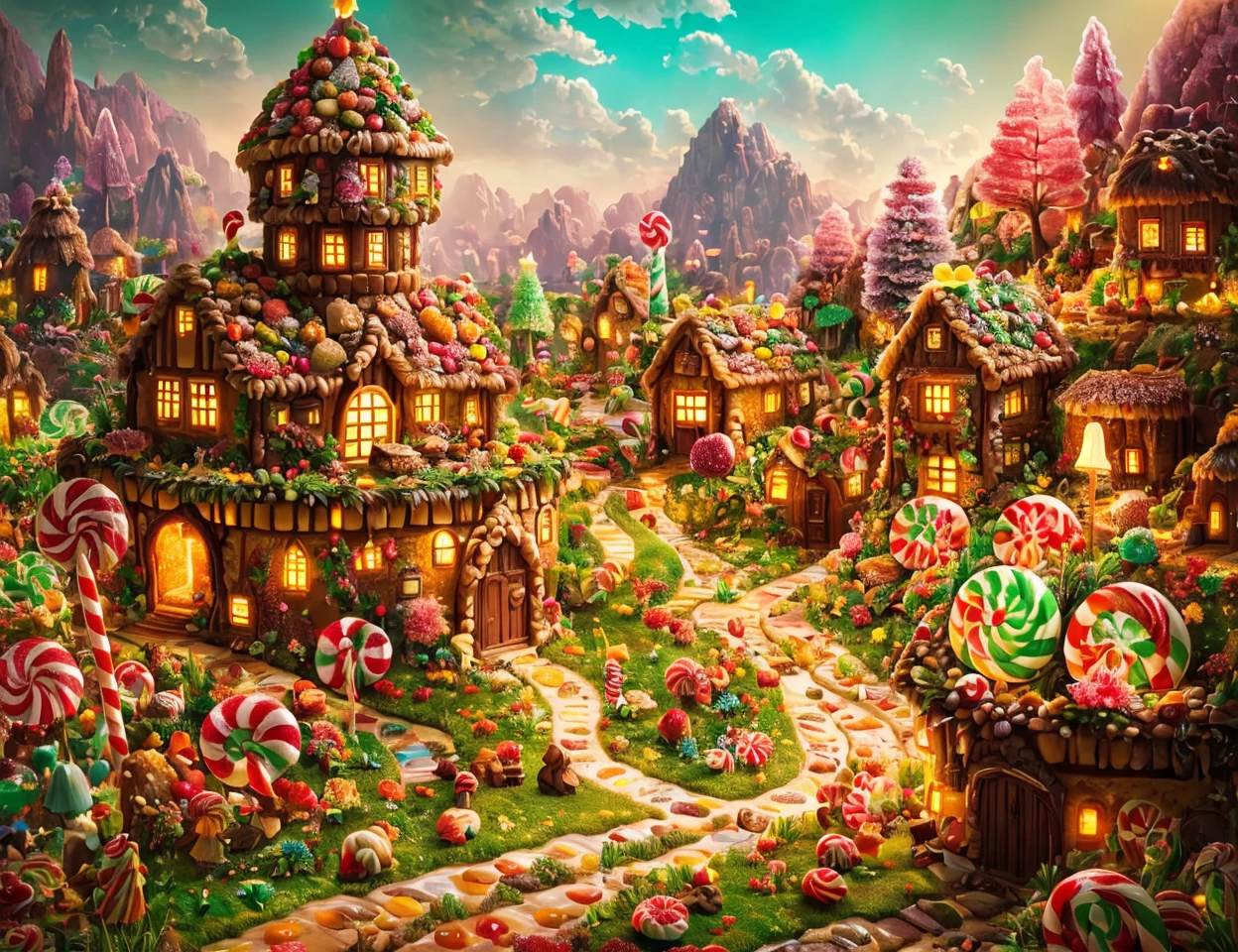 masterpiece, awesome quality, cinematic lighting, detailed, DonMC4ndyL4nd village domicile in grassland biome , candyland <lora:DonMC4ndyL4nd:0.85>