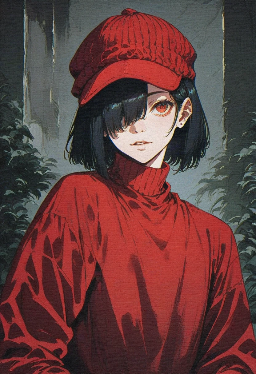 score_9, score_8_up, score_7_up, <lora:Xenotrip_v.2:1> xenotr1p, selective red color, colored, 1girl, solo, red sweater, black bob hair, hair covering one eye, red knitted hat,