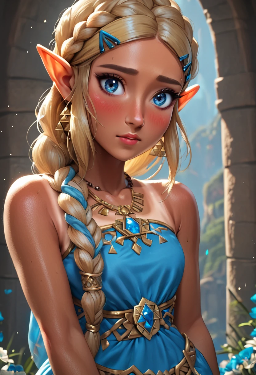 zPDXL, 1girl, masterpiece, absurdres, best quality, Princess Zelda, blonde hair, triforce necklace, blue eyes, eyelashes, long hair, (hyrule style dress, detailed, blue and white):1.4, blush, (bond braid, tan lines, tanned skin, detailed frontal lighting:1.5), standing in flower field <lora:add-detail-xl:1.5> <lora:DetailedEyes_V3:1> <lora:absurdres_quality:0.5>