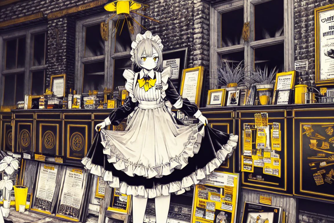 masterpiece, <lora:kitamurashu-56:1>
kitamurashu, 1girl, solo, long sleeves, dress, bow, holding, monochrome, yellow eyes, white hair, greyscale, frills, indoors, bowtie, apron, black dress, cup, book, maid, maid headdress, ((dutch angle)), window, leaf, plant, white apron, yellow bow, maid apron, spot color, frilled apron, collared dress, potted plant, lamp, brick wall, yellow bowtie, yellow nails