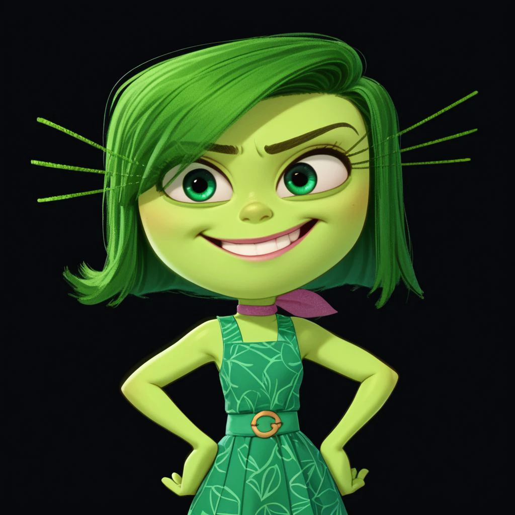 score_9, score_8_up, score_7_up, score_6_up, score_5_up, score_4_up, rating_safe, DisgustEmotion, glowing, 1girl, green skin, green hair, hands on hips, black background, small smile