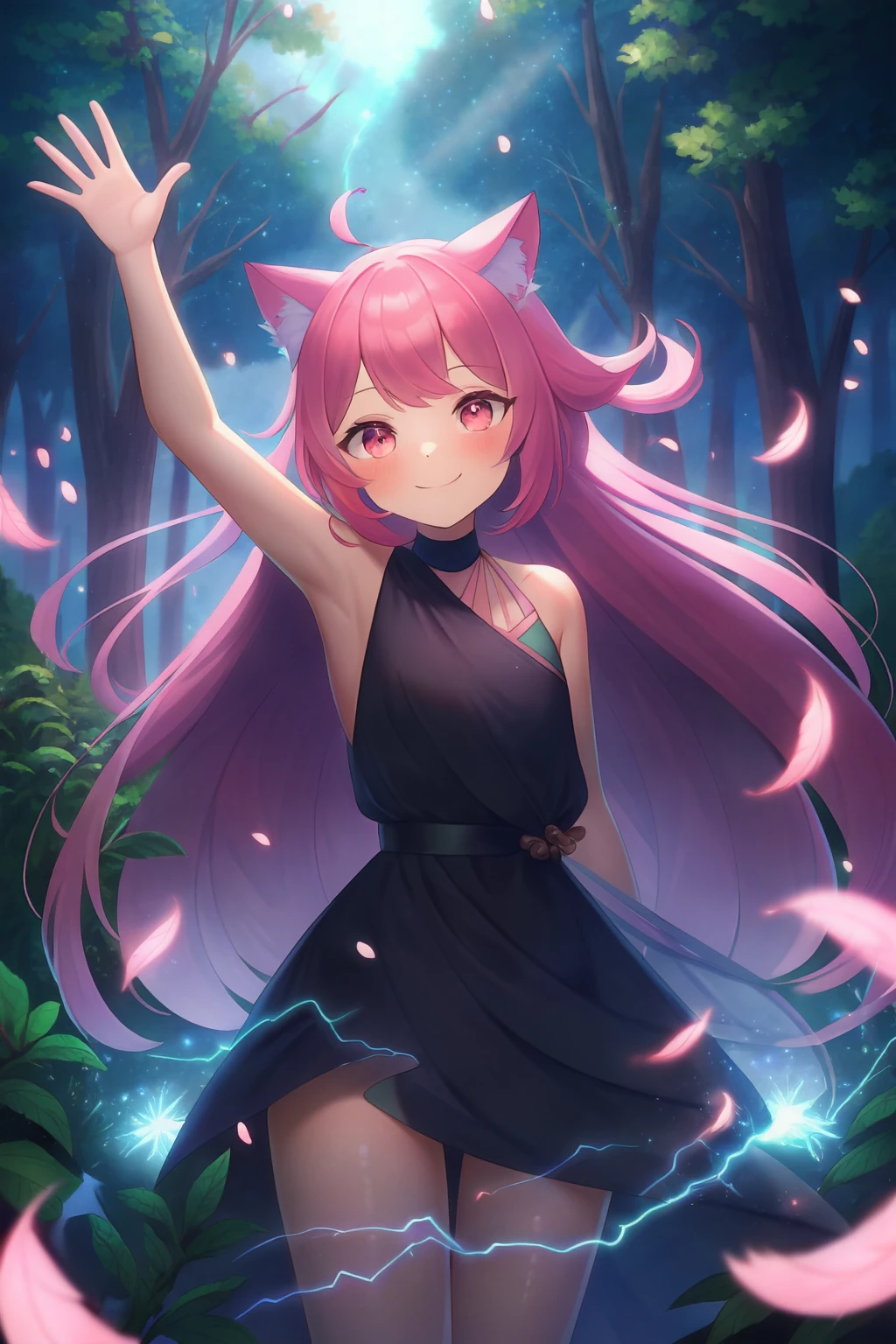 1girl, solo, cat ears, straight hair, pink hair, pink eyes, bare shoulders, looking at viewer, smile, newest, extremely aesthetic, best quality, general, night, forest, flower, vegetation, wind, petals, feathers, fire, magic, electricity, head tilt, cowboy shot, scenery, waving,