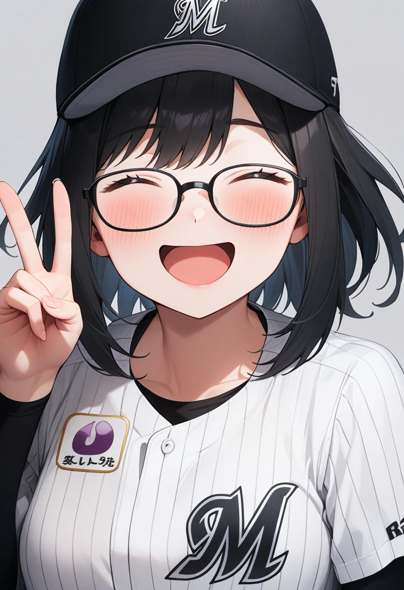 masterpiece, best quality, very aesthetic, absurdres,
1girl, solo, glasses, black hair, medium hair, happy, smile, v, closed eyes, open mouth,
chibalotteU, baseball cap, baseball uniform, standing, shirt, grey background, simple background, upper body,
<lora:ChibaLotteMarinesUniformH_SDXL_V1:1>