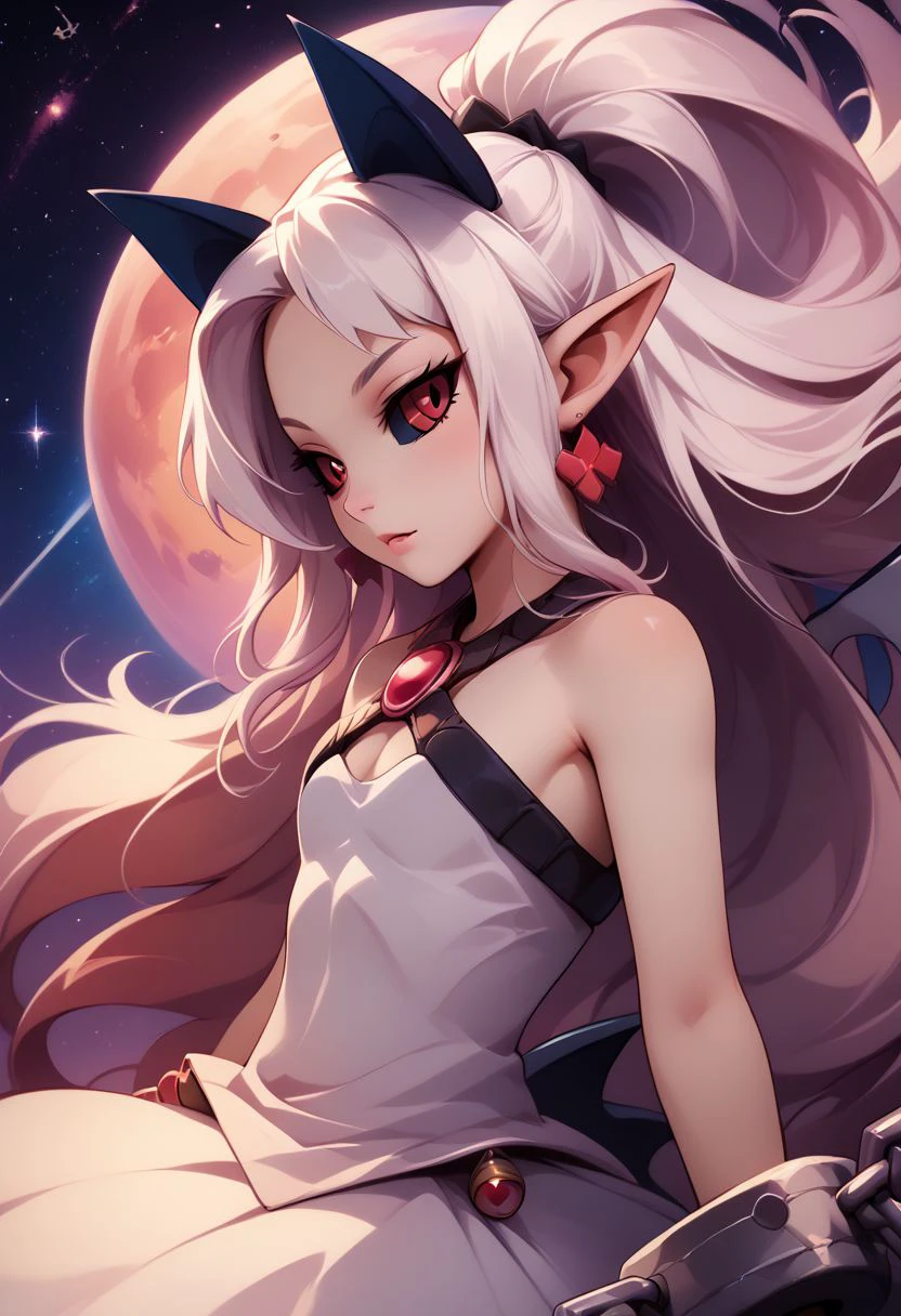 score_9, score_8_up, score_8, medium breasts, (curvy), cute, eyelashes,  rating_safe,
BREAK, 
zzPram, 1girl, solo, long white hair, horns, pointy ears, red eyes, black sclera, jewelry, dress, bubble skirt, earrings, chain, bat wings, albino, shackles, criss-cross halter,
BREAK, 
dynamic angle, stars, floating, colorful, pink, blue eyes, from side, on back, spaceship, technological,
zPDXL,