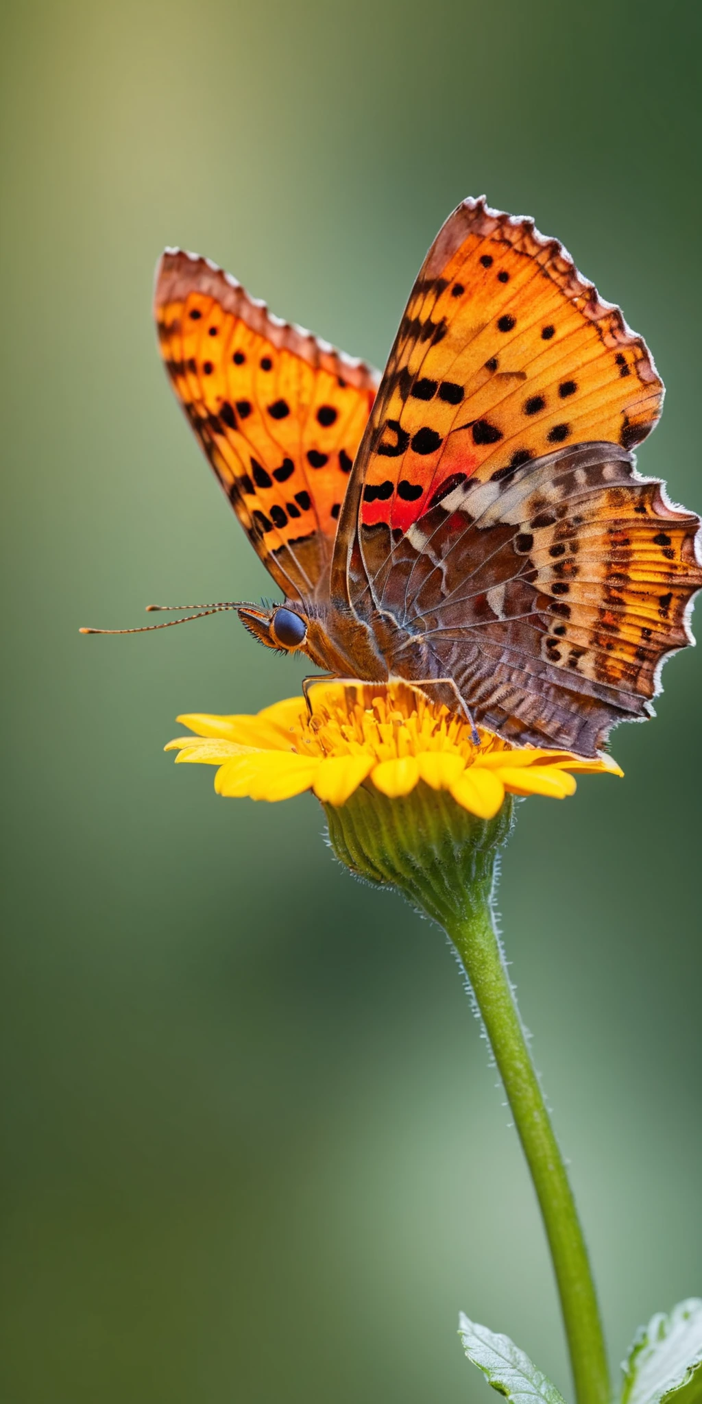 Polygonia C-Album Butterfly, perched on a vibrant flower, detailed, macro photography, natural lighting, Canon DSLR, high resolution, clear focus, vivid colors, minimalist background, soft bokeh, nature photography, 8K UHD,<lora:HMSGå¾®è·è´è¶XL-000010:1>,