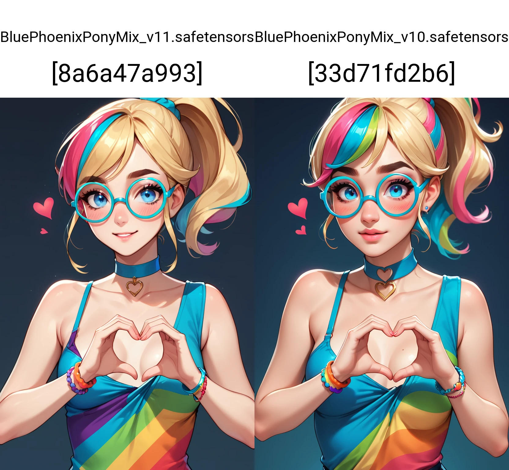 score_9, score_8_up, score_7_up, source_anime, ponytail, round glasses, choker, bangle, thick eyebrows, blushing, cute, one breast exposed, wardrobe malfunction, blonde hair with rainbow streak, perfect hands, heart hands over one breast:1.5, bright blue eyes, small breasts, <lora:princess_xl_v2:0.5>