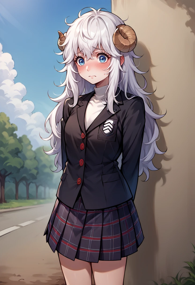 score_9, score_8_up, source_anime, 1girl, solo, white hair, blue eyes, long hair, messy hair, sheep girl, sheep horns, pale skin, GirlUniform, shuujin academy school uniform, black jacket, plaid skirt, outdoors, arms behind back, shy, blush, embarrassed, <lora:ChamShuujinAcademyUniformPonyXL:1>