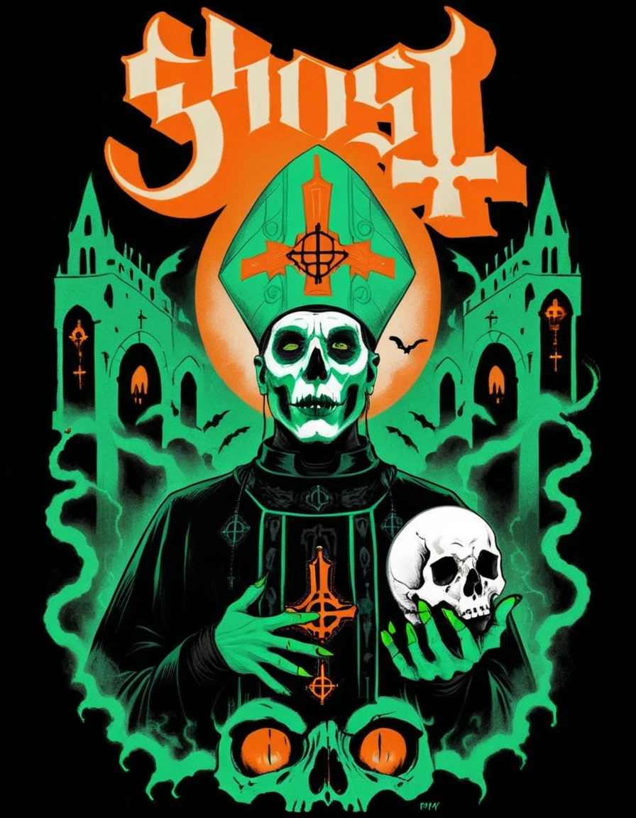 hud_ghst, 1boy, priest, makeup, mouse, skull, [ghost], retro artstyle, <lora:ghost_band_t_shirts-000006:0.7>, green and orange color scheme