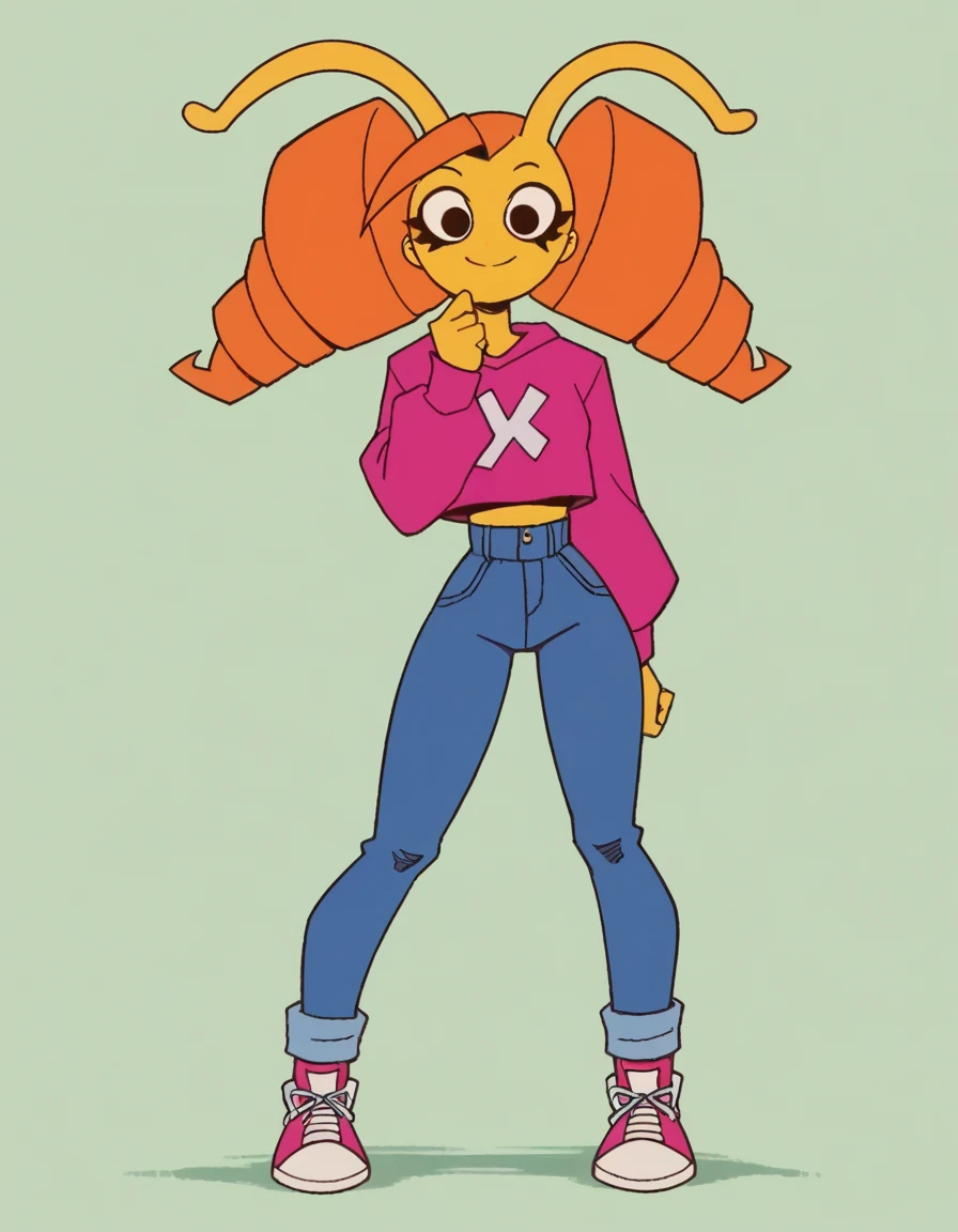 zPDXL, score_9, score_8_up, score_7_up, source_anime, BREAK
1girl, solo, <lora:HandsUp!-20:1>, ula, yellow skin, orange hair, drill hair, antennae, black eyes, looking at viewer, light smile, no ears, twintails , wearing 90s fashion: oversized primary colors pullover sweatshirt tucked, high-waist jeans, sneakers,, archer_pose,