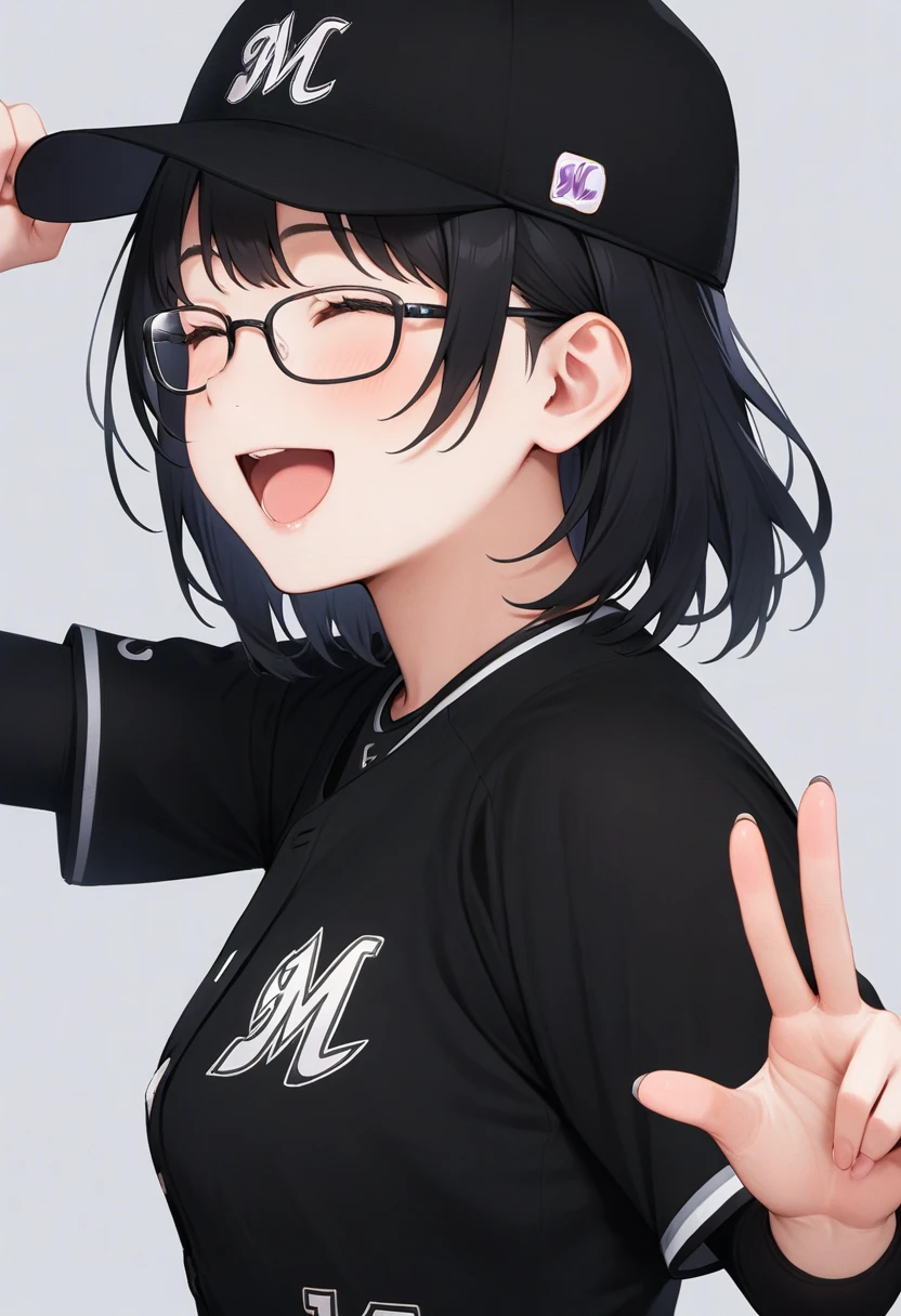 masterpiece, best quality, very aesthetic, absurdres,
1girl, solo, glasses, black hair, medium hair, happy, smile, v, closed eyes, open mouth, 
chibalotteV, baseball uniform, black shirt, baseball cap, black cap, grey background, simple background, upper body,
 <lora:ChibaLotteMarinesUniformV_SDXL_V1:1>