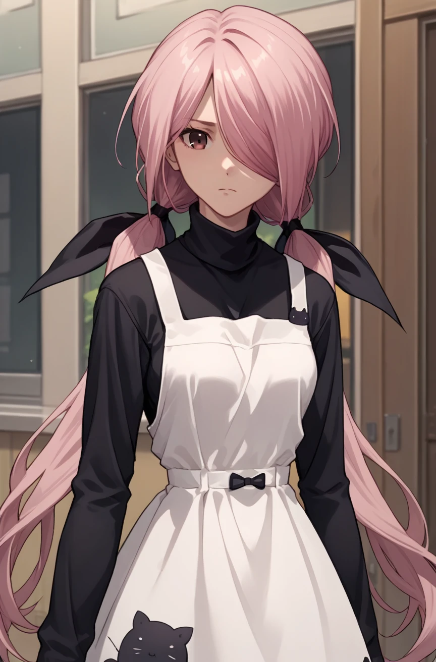 score_9, score_8_up, score_7_up, source_anime, <lora:Senri Minamisawa:0.8> 1girl, hair over one eye, pink hair, low twintails, hair ribbon, black ribbon, senri minamisawa turtle neck, turtleneck, white apron, black dress, long sleeve <lora:jiushisan_XL:1>