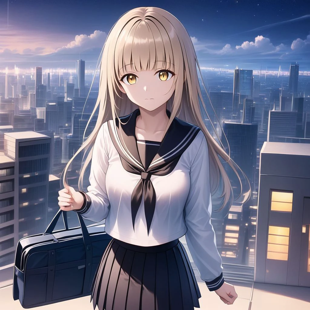 ((masterpiece,best quality)),1girl, solo, Yellow eyes, Blond hair, Long Hair, perfect detailed eye, sailor collar, looking at viewer, building, bangs, neckerchief, long sleeves, cloudy sky, power lines, shirt, cityscape, pleated skirt, scenery, blunt bangs, city, night, black sailor collar, closed mouth, black skirt, medium hair, school bag