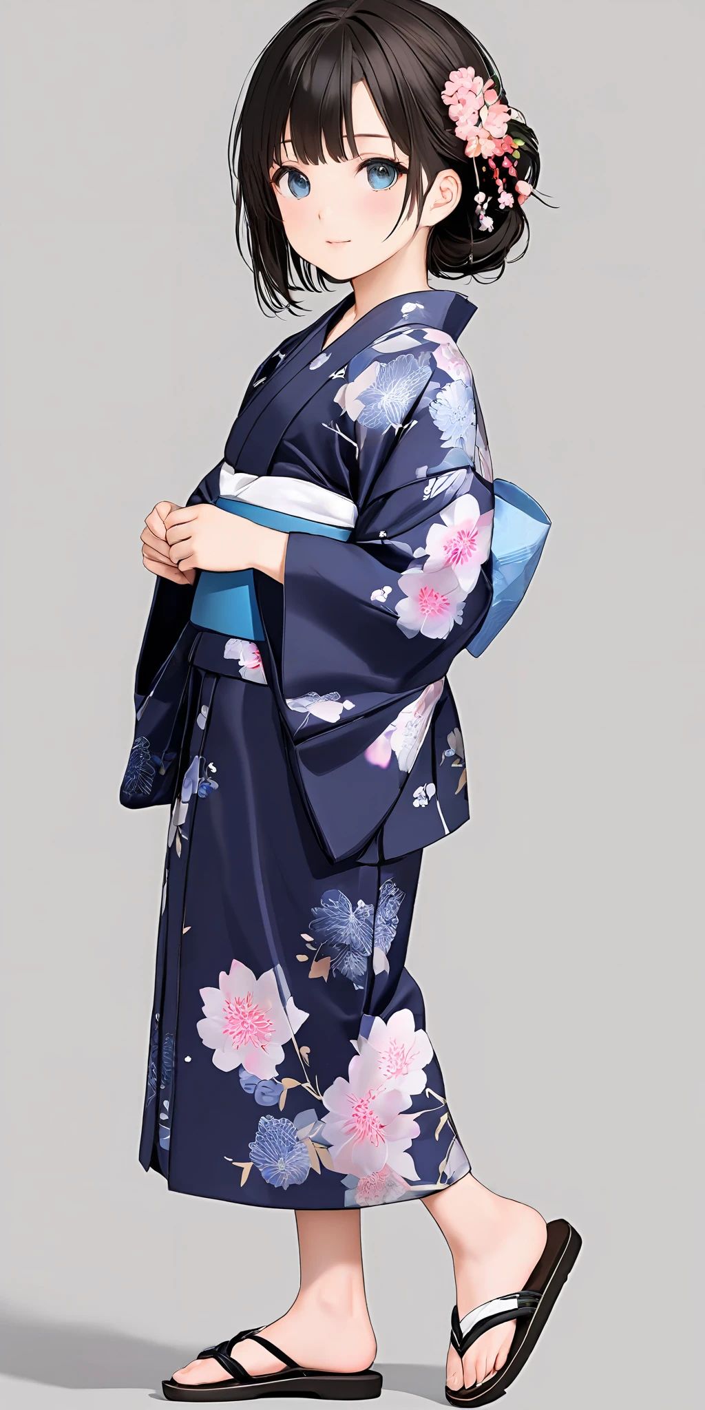 masterpiece,ultra-detailed,best quality,cute face,clean skin ,shiny hair,girl,ultra-detailed-eyes,simple background,
<lora:yukata_XL_V1.0:0.6> jyojifuku, yukata, japanese clothes,hair ornament,sandals