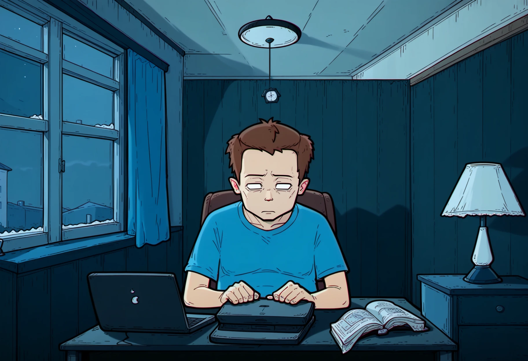 score_9, best quality, masterpiece, uncensored, source_cartoon, chromatic aberration
BREAK
solo, short hair, shirt, brown hair, 1boy, sitting, male focus, short sleeves, indoors, book, window, chair, table, blue shirt, t-shirt, desk, clock, lamp, computer, monitor, laptop, night, white eyes, empty eyes
<lora:lazy_square_pony_v2:1>