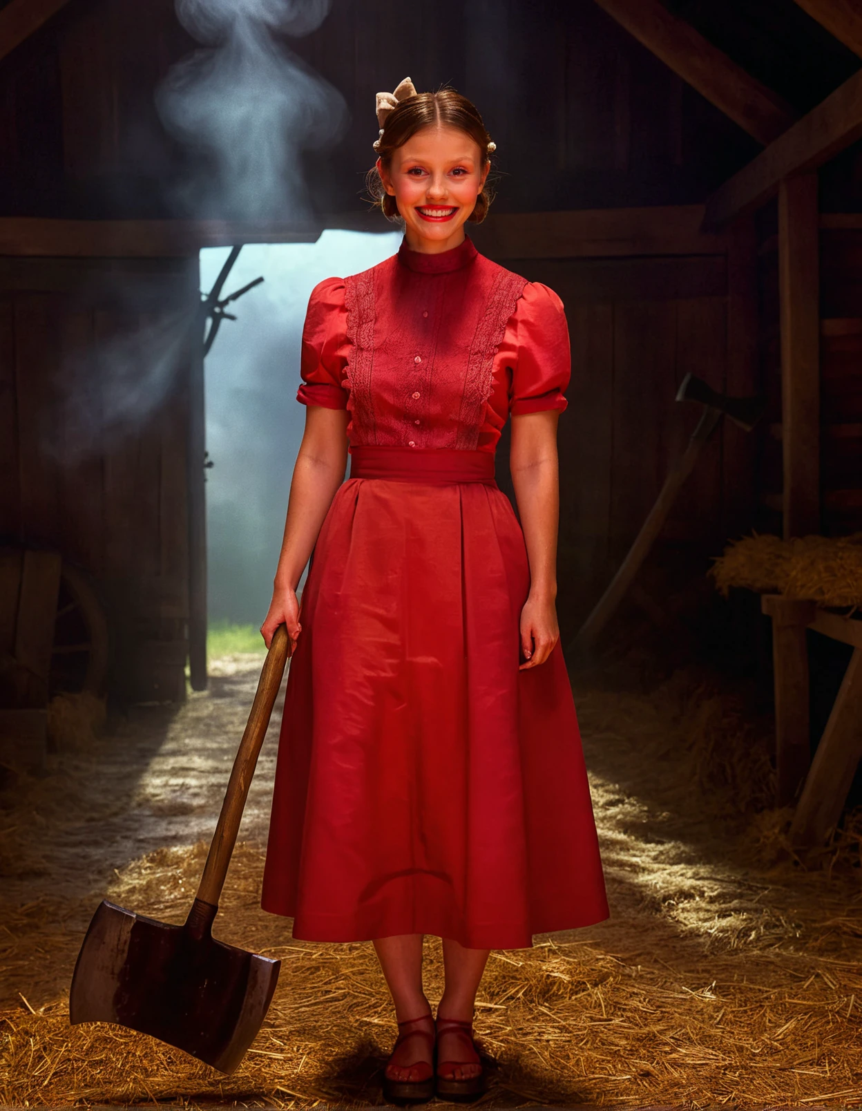 high resolution photo of m1ag0th woman,hair bun tied with bow,wearing red dress,smiling,masterpiece,surreal lighting,volumetric lighting,volumetric fog,boked,depth of field,cinematic,holding an axe in a barn