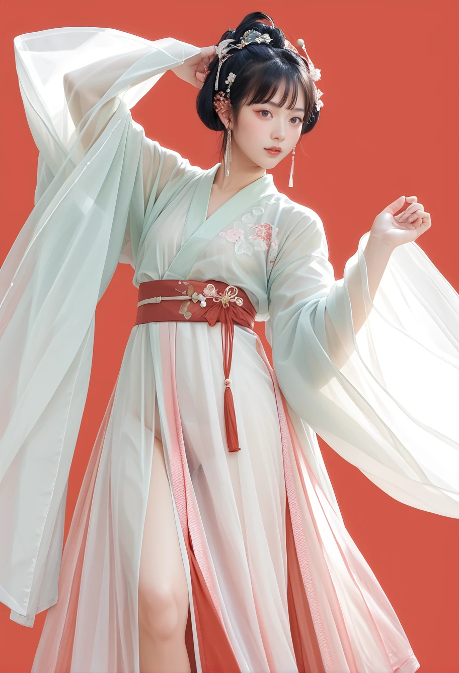 score_9,score_8_up,score_7_up,red background,8k,hd,spread legs,,ruanyi0428,wide sleeves,hanfu,see-through,dress,robe,standing,<lora:0428 Koi Hanfu_v1_pony:0.9>