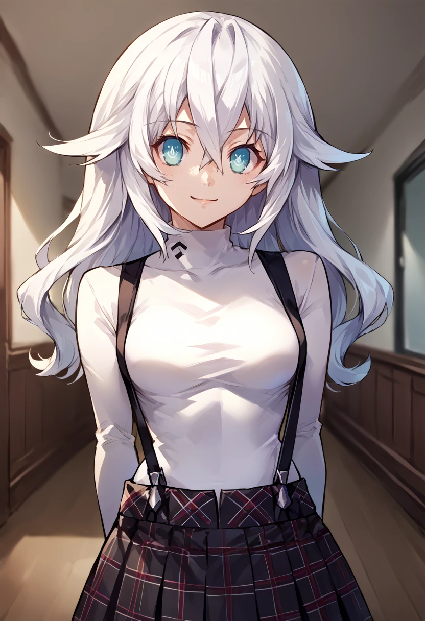 score_9, score_8_up, source_anime, 1girl, solo, BlackHeart, power symbol-shaped pupils, GirlSuspenders, white turtleneck, suspenders, plaid skirt, arms behind back, indoors, smile, <lora:ChamShuujinAcademyUniformPonyXL:1> <lora:ChamBlackHeartPonyXL:1>