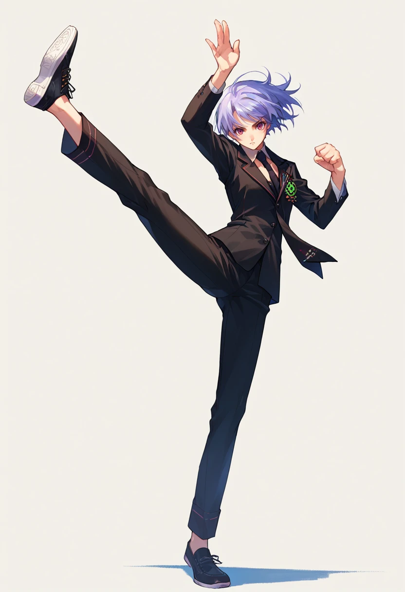 score_9, score_8_up, score_7_up, source_anime, <lora:wrenchchaosheadayasekishimoto:0.9>, chayasekishimoto,
black tie \(suit\), high kick, solo, white background, shoes,