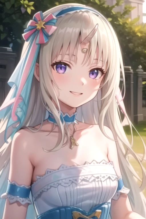 ((masterpiece)),(best quality),official art,extremely delicate and beautiful,extremely detailed CG,unity 8k wallpaper,ultra detailed,beautiful detailed eyes,extremely detailed face,outdoors,1girl,solo,upper body,(portrait:1.5),looking at viewer,facing viewer,smile,Civia,very long hair,blonde hair,single horn,hair ribbon,blue hairband,blue hairband,hair ornament,sidelocks,parted bangs,purple eyes,collarbone,jewelry,choker,necklace,bare shoulders,blue dress,blue bow,blue ribbon,white gloves,medium breasts,frills,bridal garter,thigh strap,blue skirt,sandals,<lora:Civia(vtb)>,