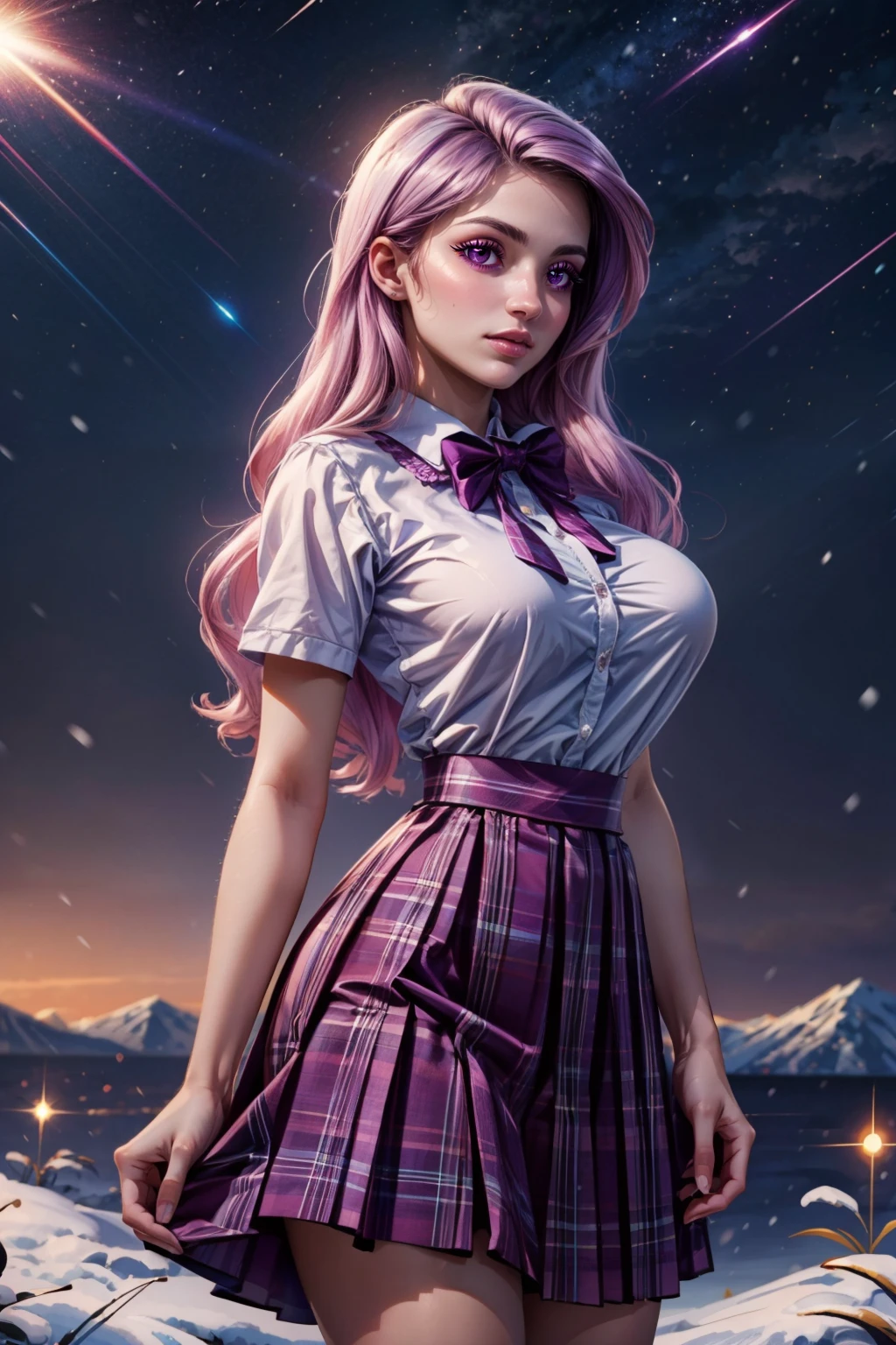 (ultra realistic,32k, masterpiece:1.2),(high detailed skin:1.1),( high quality:1.1), <lora:IllyasvielVonEinzbern_v1:0.7>, zzIllya, looking at viewer, night, outdoors, snowing, sky, BREAK, <lora:FleurdeLis_v1:0.7>, zzFleur, long hair, purple eyes, multicolored hair, purple hair, pink hair, school uniform, plaid skirt, bow, wide hips, BREAK, blooming stars, luminescent petals, otherworldly fragrance blurry background, (looking at viewer, standing:1.1), huge breast, large breast, <lora:add_detail:0.92>, (glowwave:1.1),