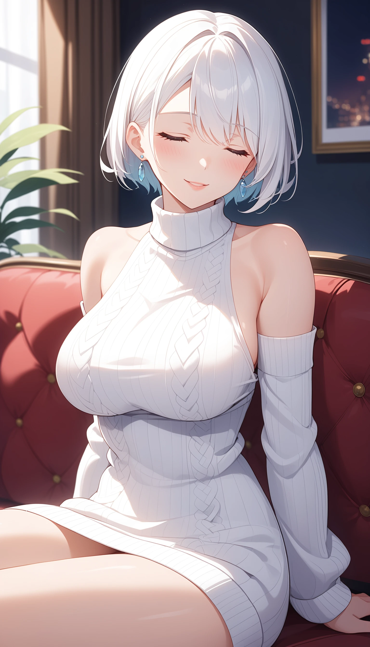 score_9, score_8_up, score_7_up, intricate details,
1girl, solo, closed eyes, sitting, sweater, smile, white hair, short hair, detached sleeves, couch, large breasts, dress, turtleneck, indoors, blush, white sweater, sweater dress, jewelry, long sleeves, facing viewer, bare shoulders, earrings, turtleneck sweater, on couch, cable knit, thighs, sleeveless, parted lips, turtleneck dress, feet out of frame, white dress