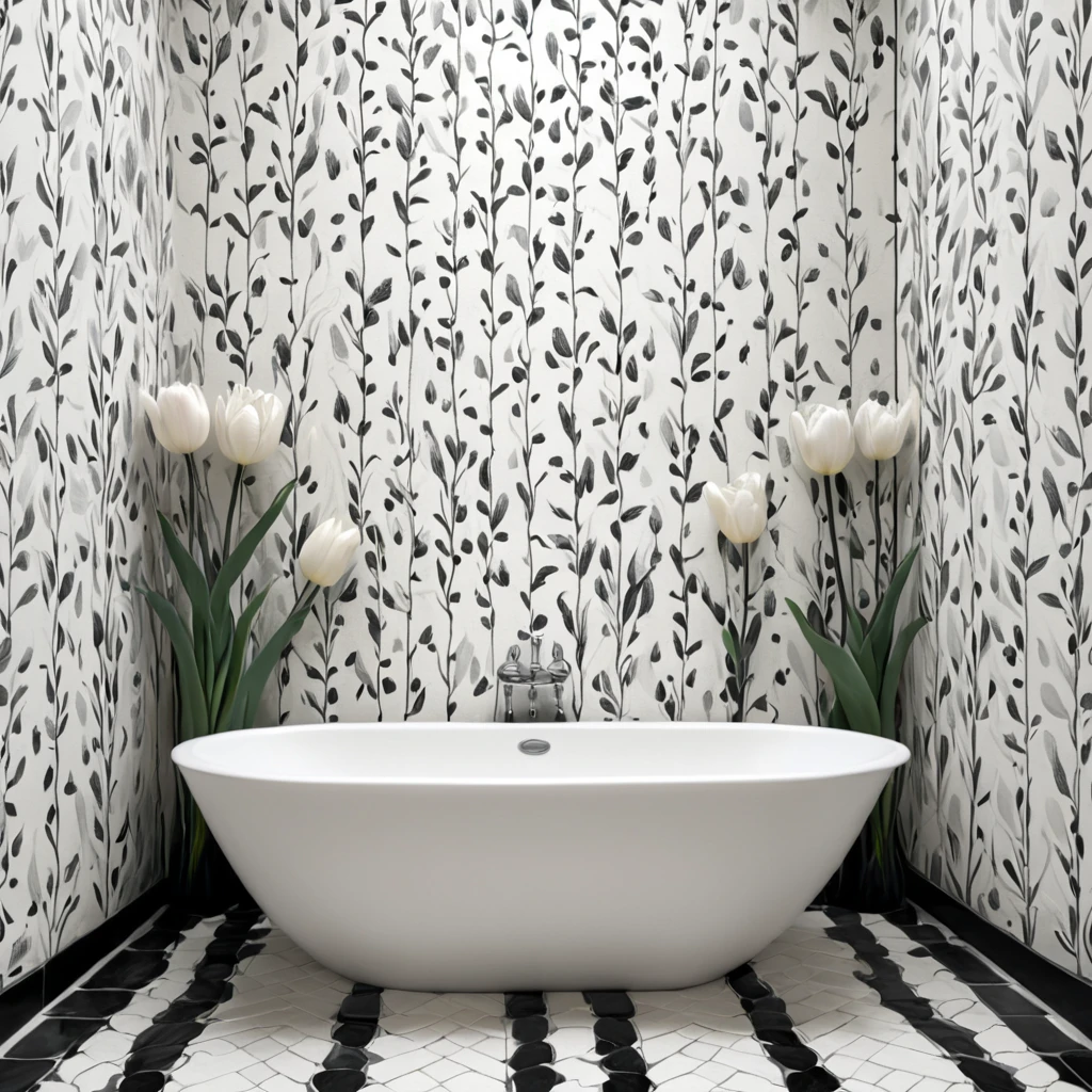 <lora:artfullyTULIPWILLOW_SDXL_V1:1>, arttlpwllw, repeating pattern, black and white, elegant, minimal, decadence, beautiful,willow and tulip
, tiled bathroom