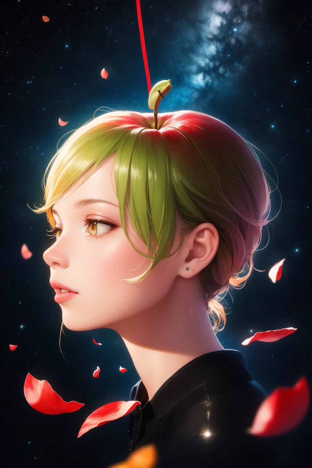 Human head morphs smoothly into an apple,natural skin details,hanging from an apple tree,surrealism,highly detailed,8k,(starry sky petals:1.2),abstract art,(petals:1.2),milky way,planet,<lora:lbc_starry sky_petals_v1.0-000006:0.6>,