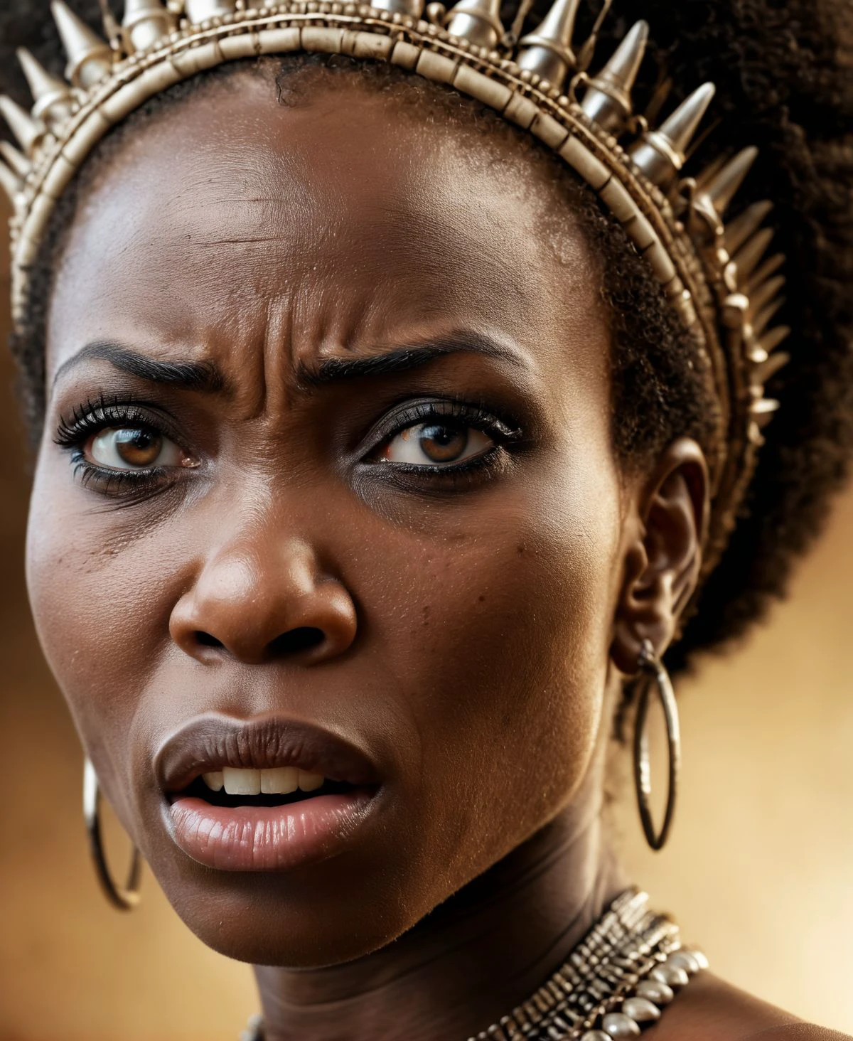 a dramatic profile portrait of an african queen looking at viewer fiercely angry, facial expression, furrowed eyebrows, open mouth, wide open eyes, profile, dreamlike, face focus, intricate details, sharp focus, photography, photorealism, photorealistic, soft focus, volumetric light, soft cinematic light, dramatic atmosphere, atmospheric perspective,