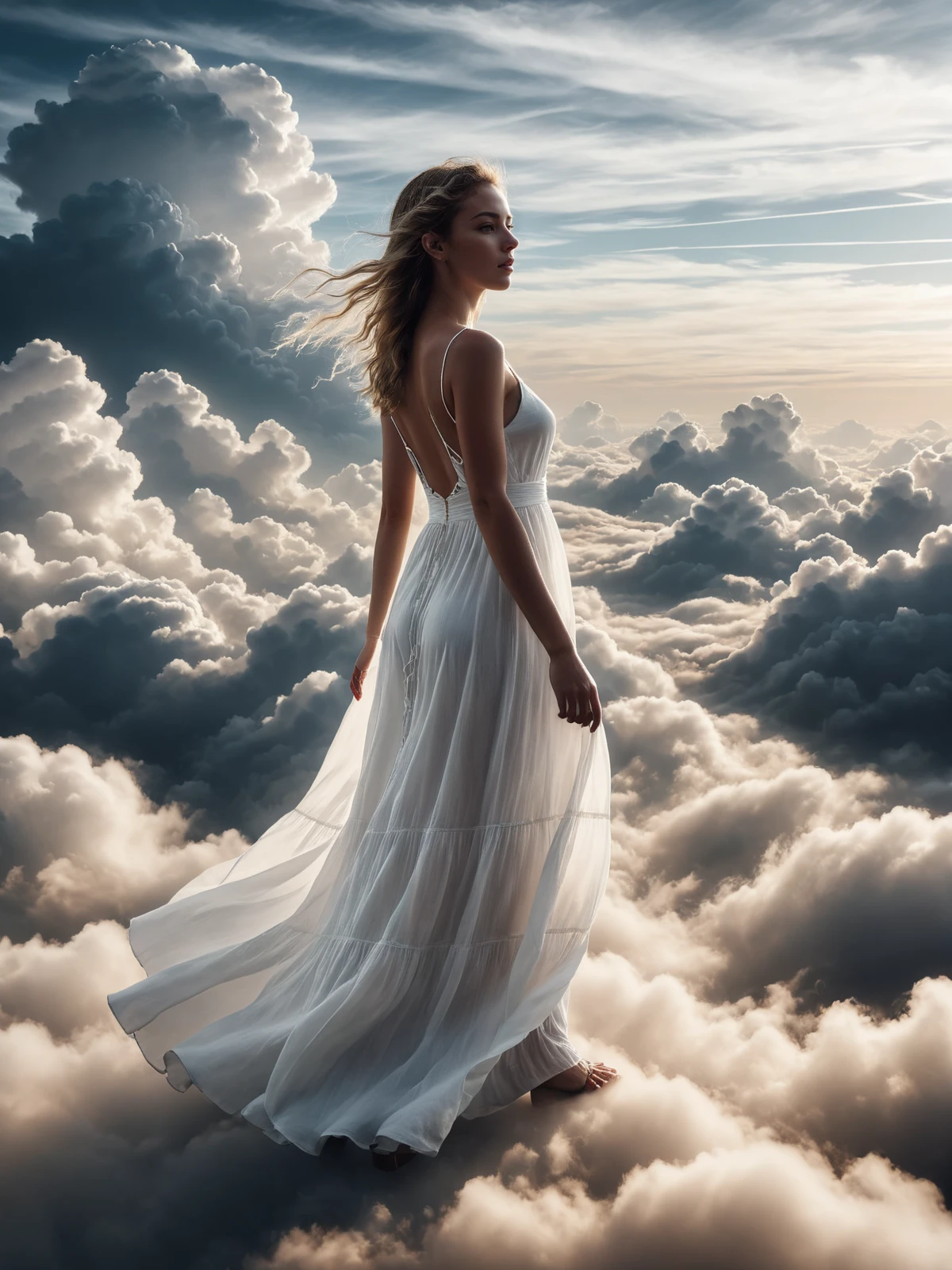 woman wearing a long white dress, clouds, mad-abvthclds <lora:Above_the_Clouds_SDXL:0.8>, raw photo, film grain, Fujifilm XT3, (photorealistic, realistic:1.2), deep shadow,  8k, uhd, dslr, ultra high res