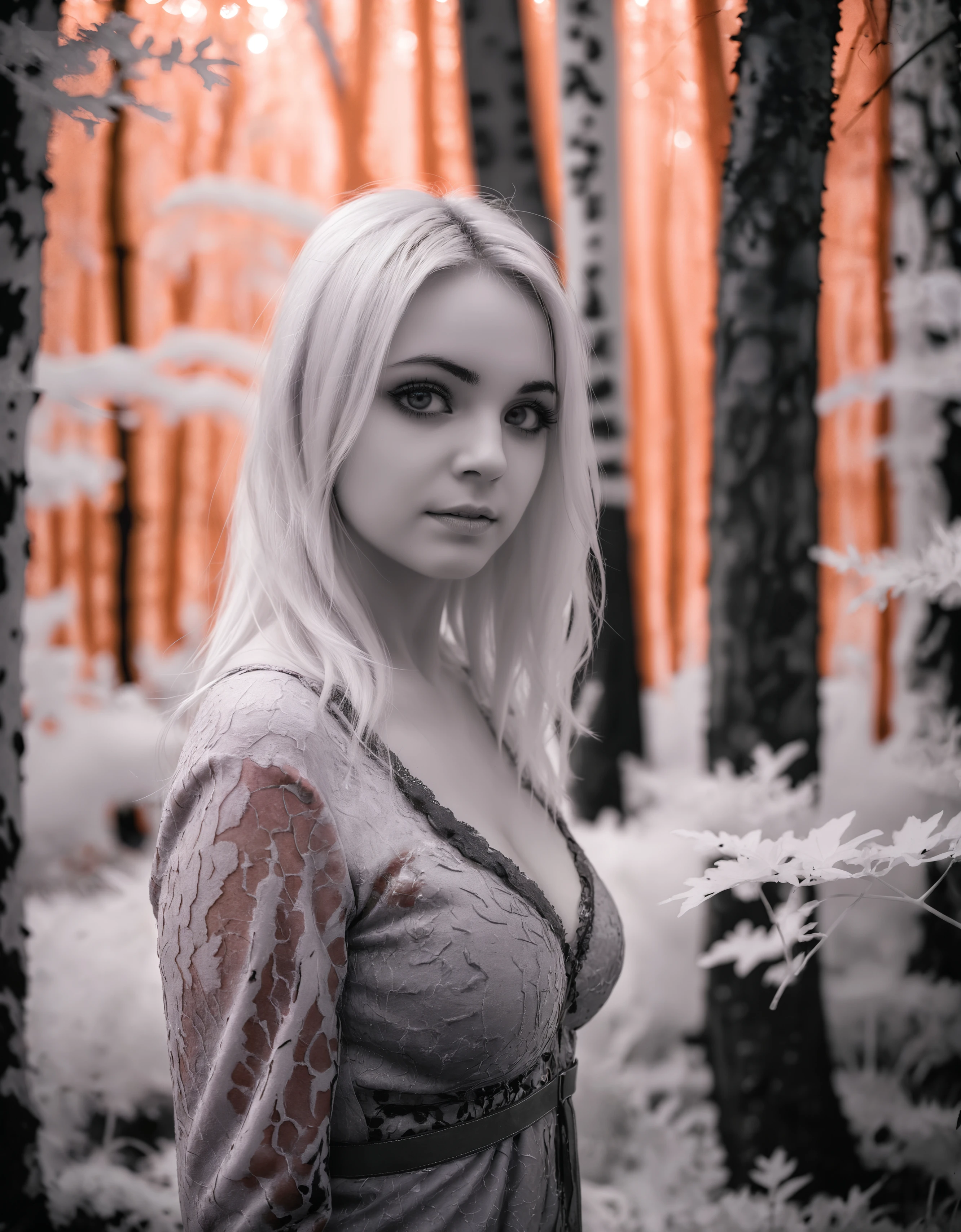 zavy-nfrrd, infrared, a woman in a forest at dawn, 100mm f/2.8 macro lens,