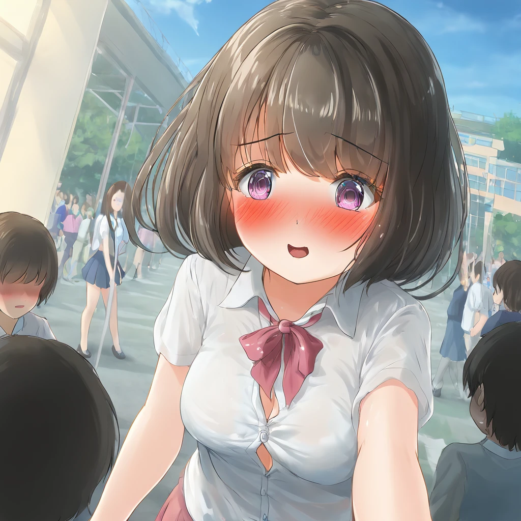 masterpiece, Highest quality, Nico_Yazawa,High resolution, 1 Girl, alone, Brown Hair, short hair, Twin tails、Purple eyes, Cowboy Shot,, (Cleavage)、(Beautiful thighs)、city, Outdoor, garden, Carrying a red backpack, (randoseru backpack:1.2) Sweaty、Thick thighs、Highest quality、4K、1girl, 8years old, , cute, grin, 、Skirt lift striped underwear、In the city、Lots of spectators、、Thick thighs、、Men holding their penises and surrounding girls、Semen from the penis、Bukkake、Bukkake、(Bukkake)Mesgaquismiles