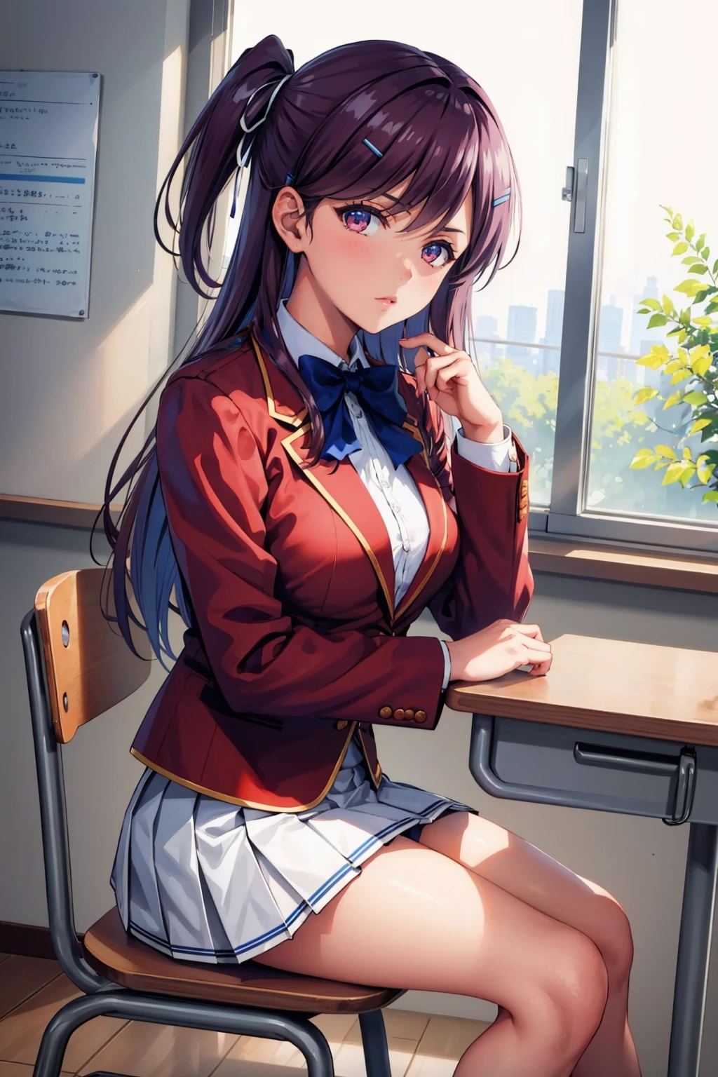 masterpiece, best quality, 1girl,  <lora:kamuromasumi-nvwls-v1-000009:0.9> masumi, one side up, hairclip, red blazer, blue bowtie, long sleeves, pleated skirt, white skirt, from side, looking at viewer, sitting, head rest, chair, desk, classroom