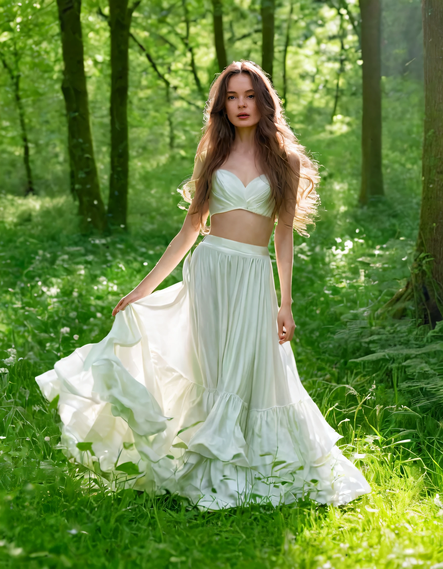 Barbara, adorned in a breathtakingly enchanting white gown with a flowing midriff and long hair, stands resplendently in the ethereal presence of a verdant forest meadow filled with radiant dappled sunlight; her lips sealed, she effortlessly embodies an air of timeless romance as the soft breeze ruffles her hair, creating a hazy, celestial atmosphere where silken silk taffeta and lush greenery intertwine harmoniously. <lora:tihmyv18fa82417e6t30c:1>