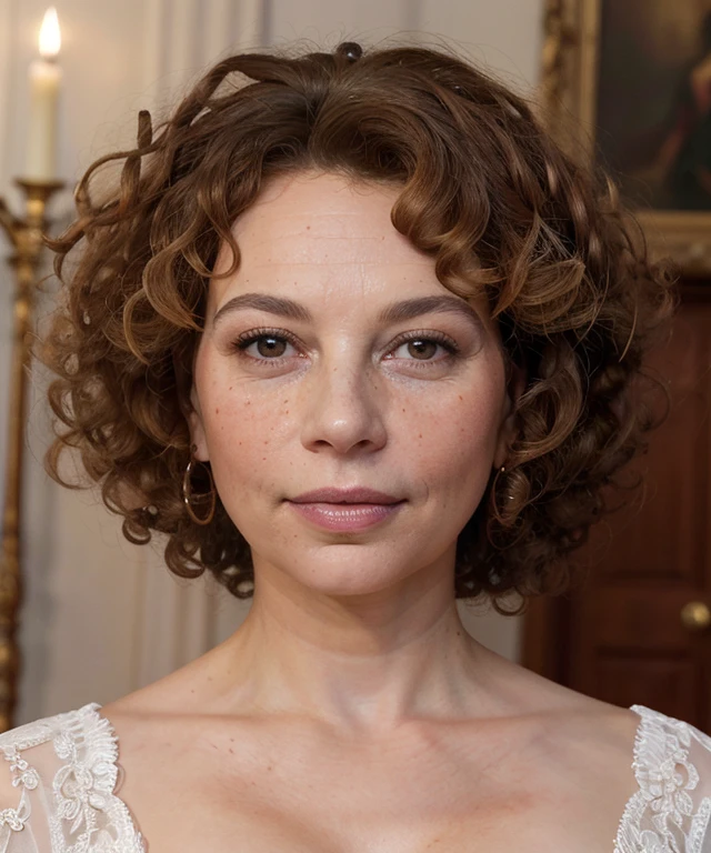 masterpiece, ultra detailed, donna_langley, queen, regal gown, crown, portrait, close-up, woman, 1girl, (looking at viewer:1.3), beautiful face, (curly hair:1.3), (brown hair:1.1), (perfect eyes:1.2), brown eyes, pouty pink lips, perfect textured skin, freckles, high resolution, best quality, indoors, castle, soft lighting, candles, shadows, ambient occlusion <lora:donna_langley:0.5>